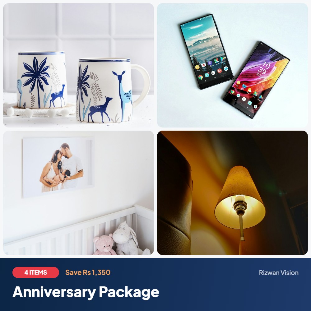 Anniversary Package: Couple Mug Set (2), Couple Cover Set (2), Wooden Photo Block, LED Acrylic Night Lamp