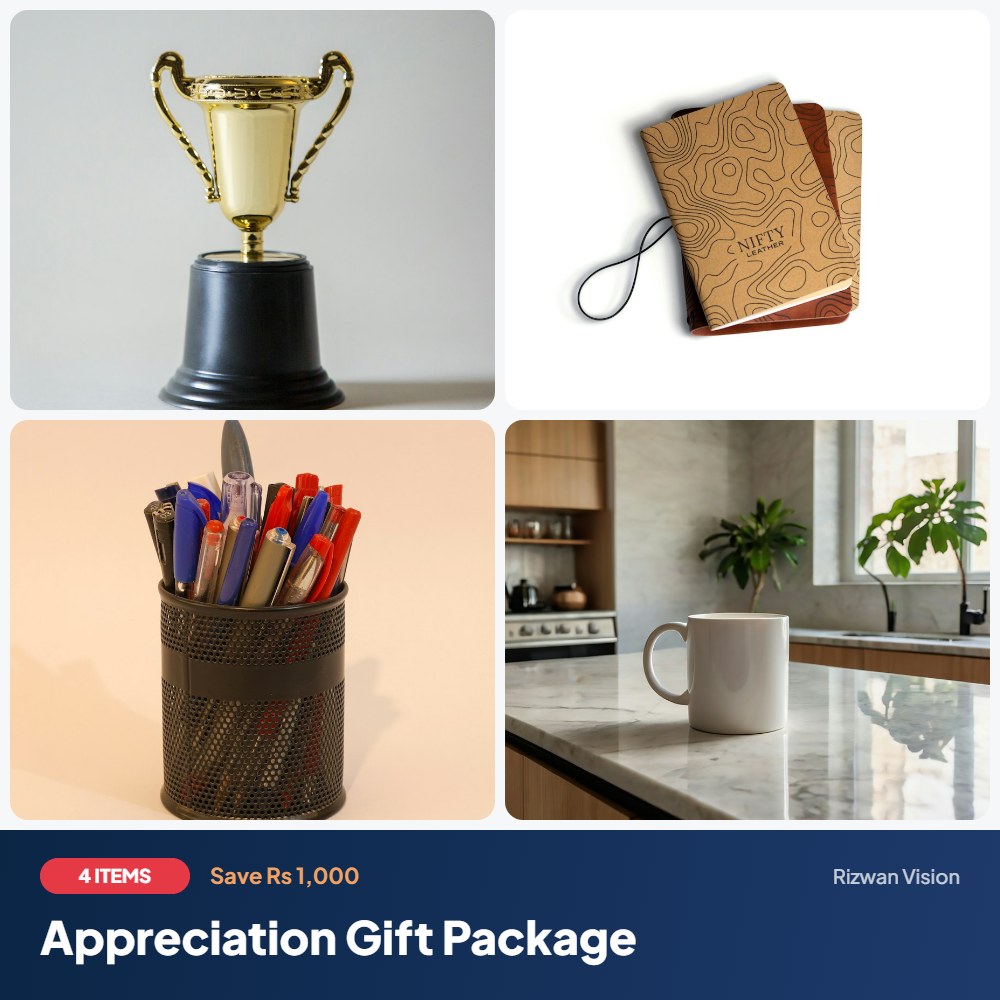 Appreciation Gift Package: Acrylic Award Trophy, Executive Diary 2027 (A5), Metal Ball Pen with Logo, Ceramic Mug 11oz