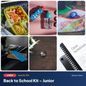 Back to School Kit – Junior: Kids Lunch Box with Name, Kids Sipper Bottle, Pencil Pouch with Name, School Bag Tag with Name, Student Name Badge (Pin), Spiral Notebook with Custom Cover