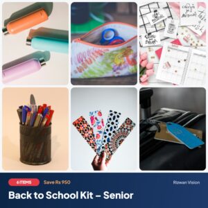 Back to School Kit – Senior: Stainless Steel Water Bottle 750ml, Pencil Pouch with Name, Planner 2027, Metal Ball Pen with Logo, Acrylic Bookmarks (Set of 5), School Bag Tag with Name