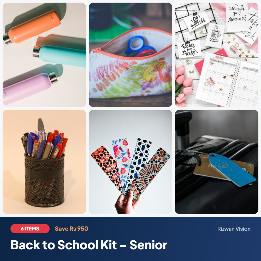 Back to School Kit – Senior: Stainless Steel Water Bottle 750ml, Pencil Pouch with Name, Planner 2027, Metal Ball Pen with Logo, Acrylic Bookmarks (Set of 5), School Bag Tag with Name