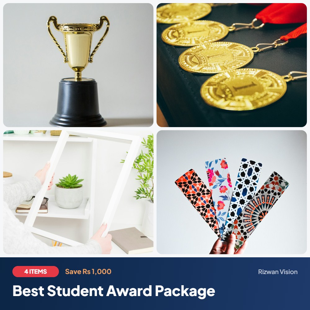 Best Student Award Package: Acrylic Award Trophy, Sports Medal with Ribbon, Acrylic Photo Frame, Acrylic Bookmarks (Set of 5)