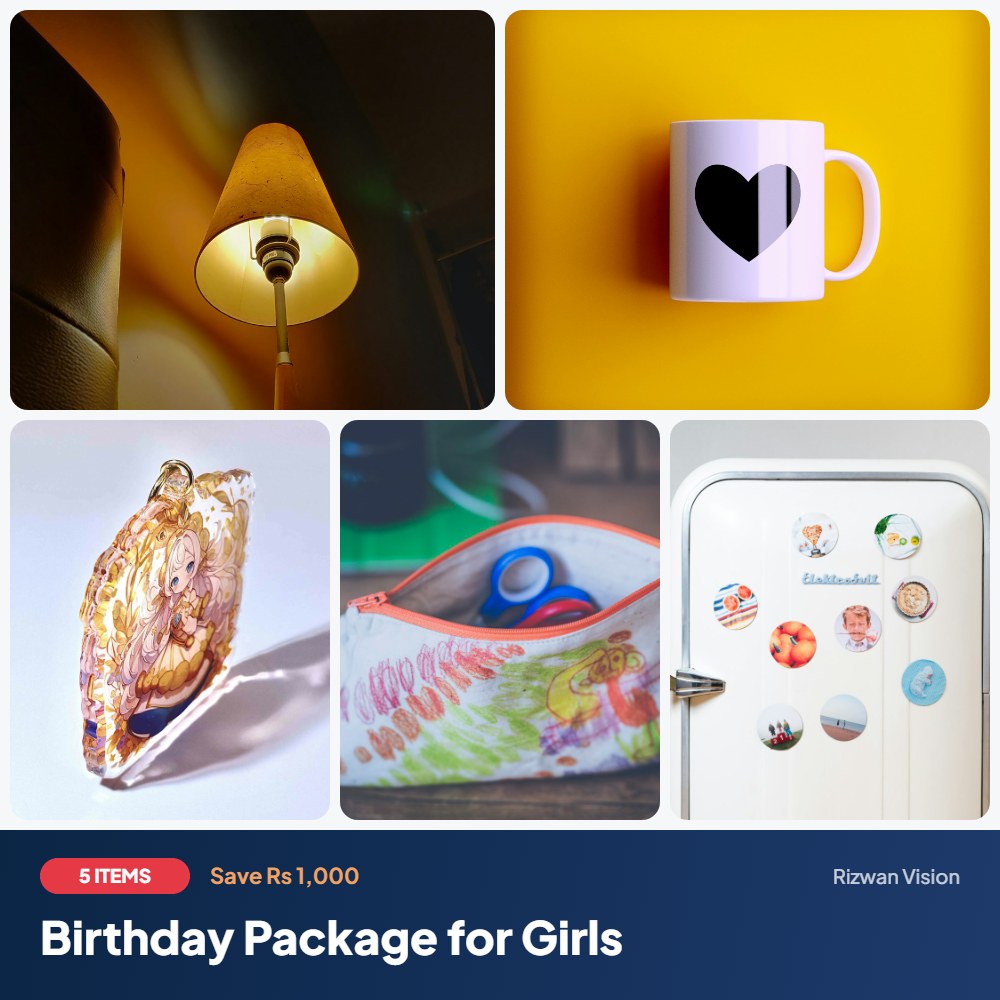 Birthday Package for Girls: LED Acrylic Night Lamp, Magic Colour-Changing Mug, Photo Keychain, Pencil Pouch with Name, Fridge Magnet Set (4)