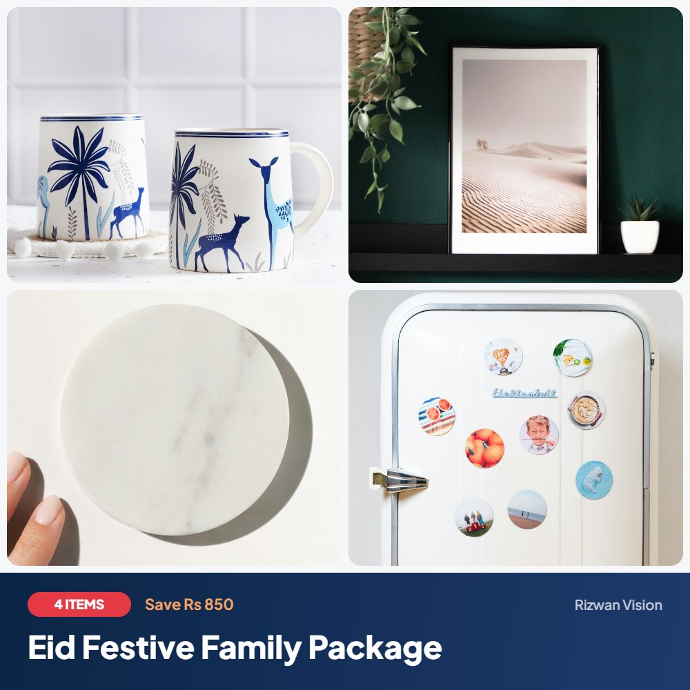 Eid Festive Family Package: Couple Mug Set (2), Photo Tile 8x8", Coaster Set (4), Fridge Magnet Set (4)