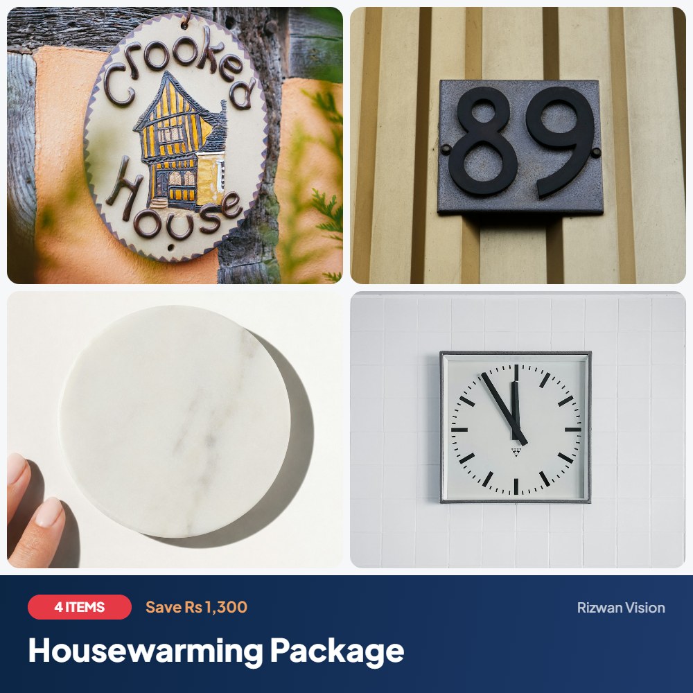 Housewarming Package: Home Name Plate, House Number Plate, Coaster Set (4), Acrylic Wall Clock