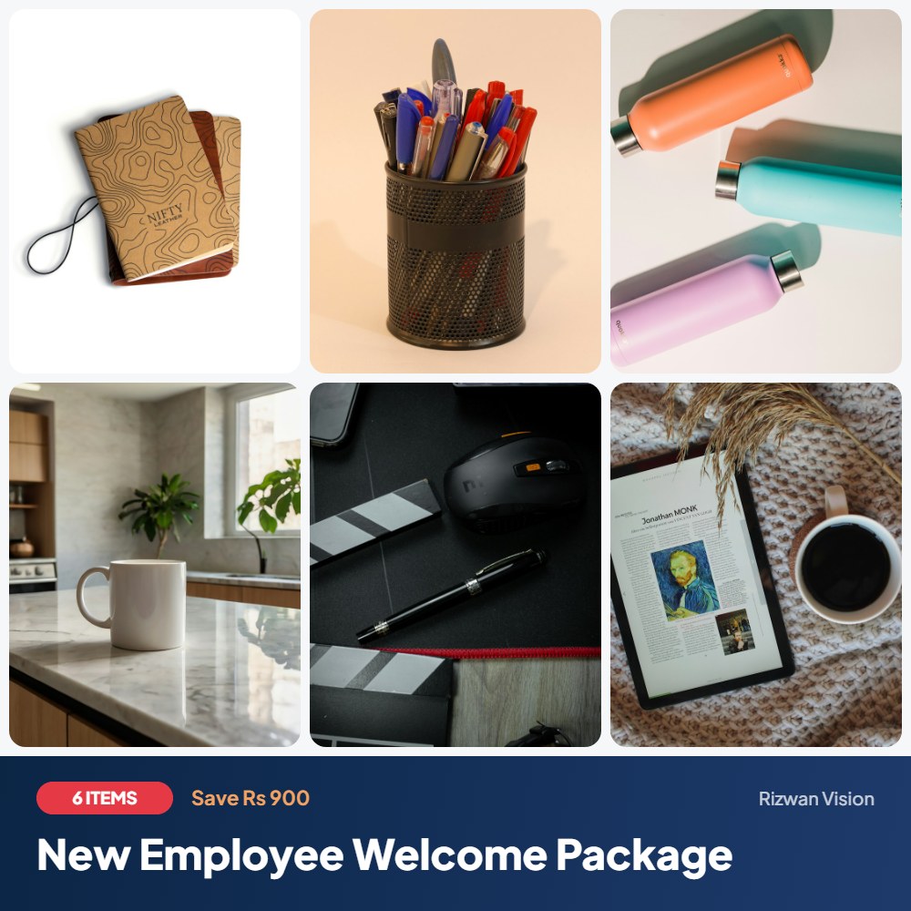 New Employee Welcome Package: Executive Diary 2027 (A5), Metal Ball Pen with Logo, Stainless Steel Water Bottle 750ml, Ceramic Mug 11oz, Custom Mouse Pad, PVC ID Card (per card)