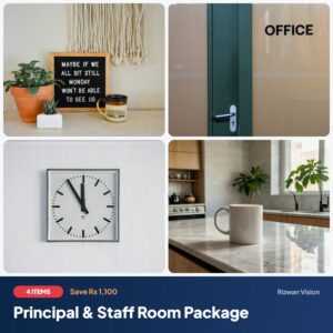 Principal & Staff Room Package: Acrylic Desk Nameplate, Office Door Sign, Acrylic Wall Clock, Ceramic Mug 11oz