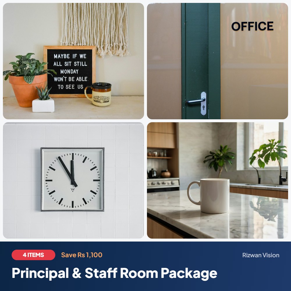 Principal & Staff Room Package: Acrylic Desk Nameplate, Office Door Sign, Acrylic Wall Clock, Ceramic Mug 11oz