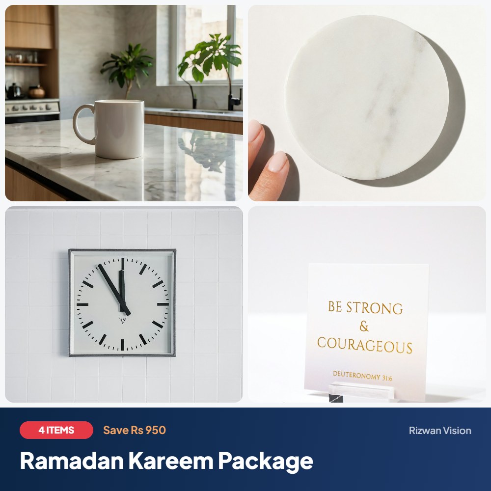 Ramadan Kareem Package: Ceramic Mug 11oz, Coaster Set (4), Acrylic Wall Clock, Table Standee Acrylic