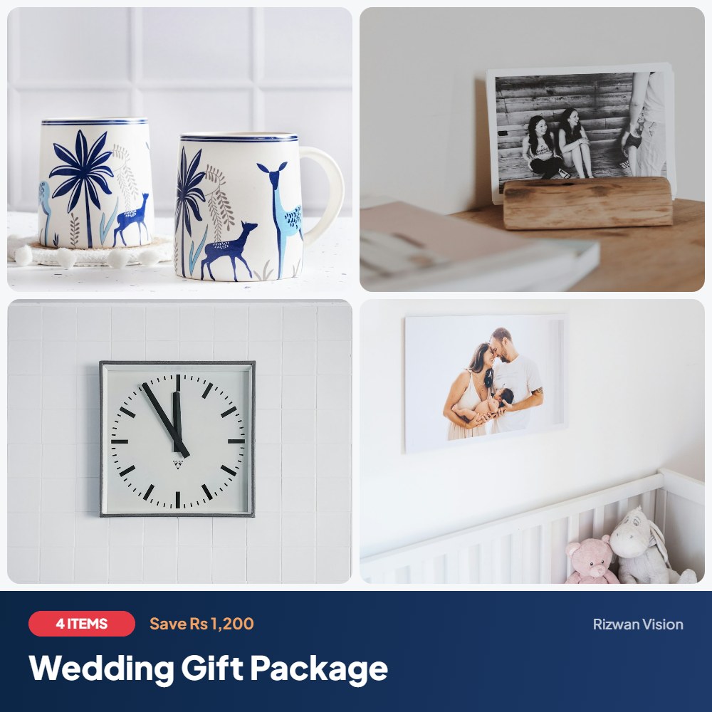 Wedding Gift Package: Couple Mug Set (2), Acrylic Photo Standee, Acrylic Wall Clock, Wooden Photo Block